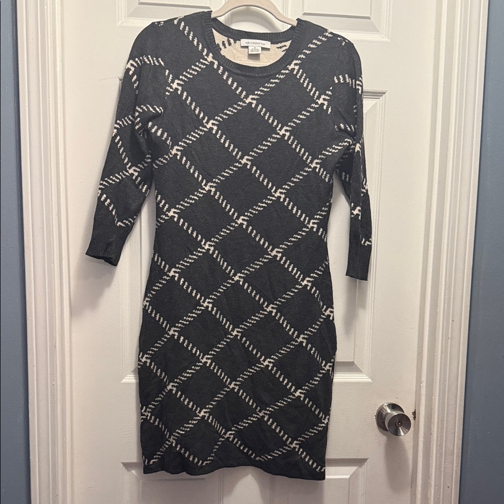 Charter Club Black Knit Diamond-Pattern Long Sleeve Dress